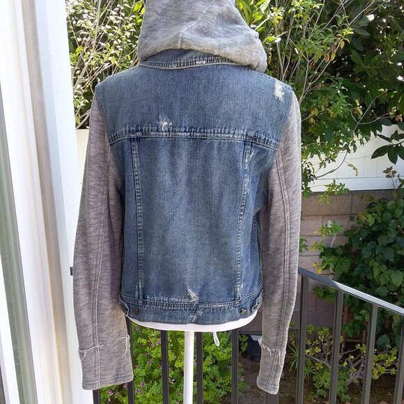 Free People Distressed Denim Gray Knit Sleeves and Hoodie Jacket Med - Picture 8 of 8